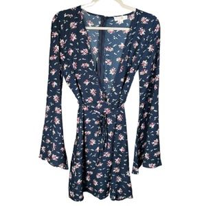 017. Diva USA Floral Print Long Bell Sleeve Faux Wrap Dress